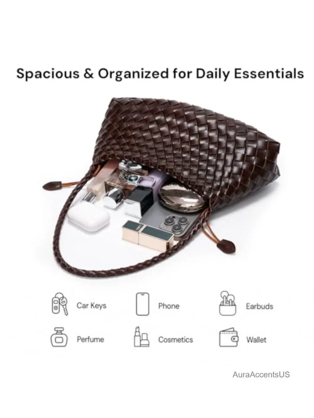Vegan Leather Woven Shoulder Bag with Drawstring Pouch, Slouchy Tote
